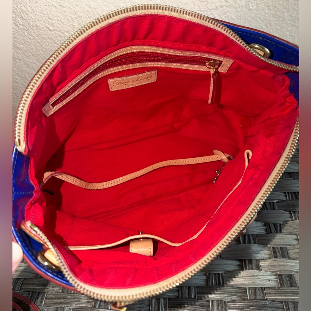 Dooney & Bourke Patent Leather Small Zip Satchel Electric Blue & Tan Trim - Picture 3 of 16